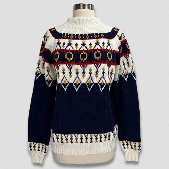 jcpenney Sweaters - Vintage 90s JCPenney Fair Isle Ski Sweater Mock Neck Navy White Medium